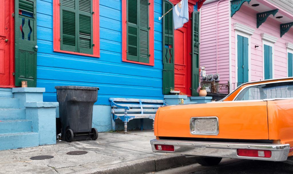 Neighborhoods of New Orleans, colorful houses, streets, townhouse