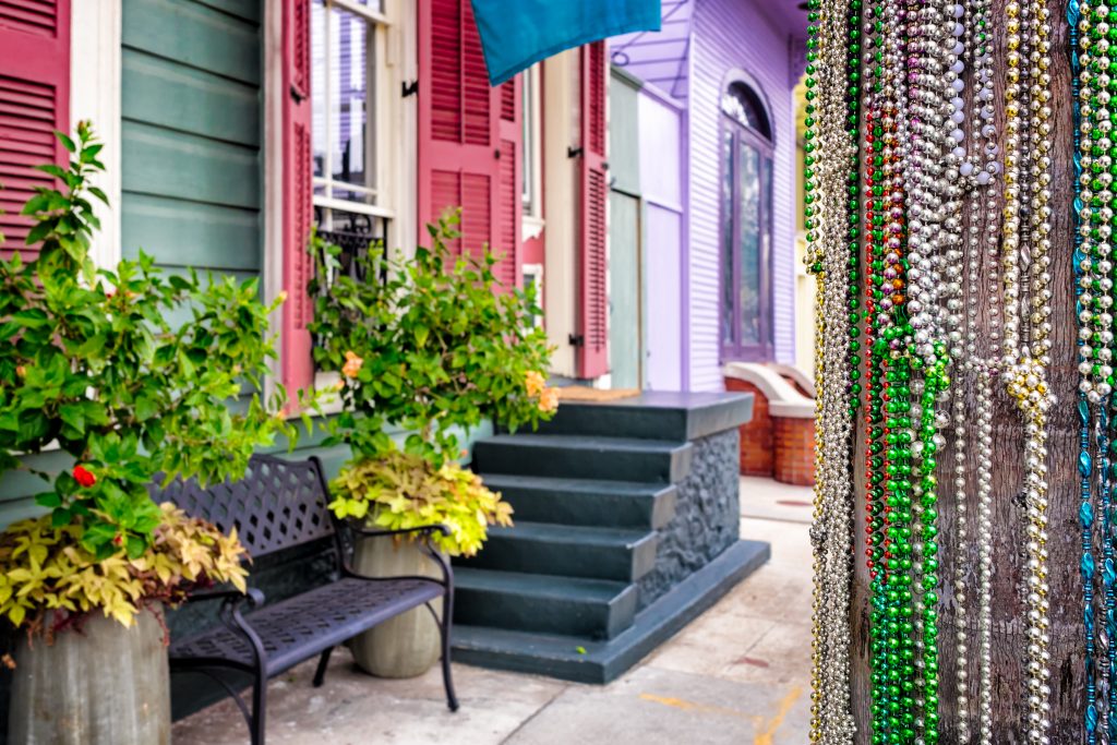 Neighborhoods of New Orleans, beads, colorful houses, streets